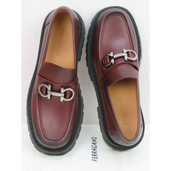 FERRAGAMO BURGUNDY LEATHER FLORIAN LUG SOLE GANCINI BIT LOGO LOAFERS 8 D 41 IT - Picture 3 of 12